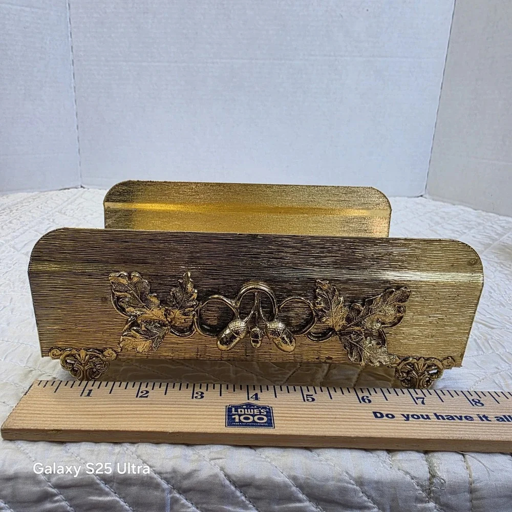 Vintage Hollywood Regency Gold Leaves Acorns Tissue Napkin Mail Holder Victorian